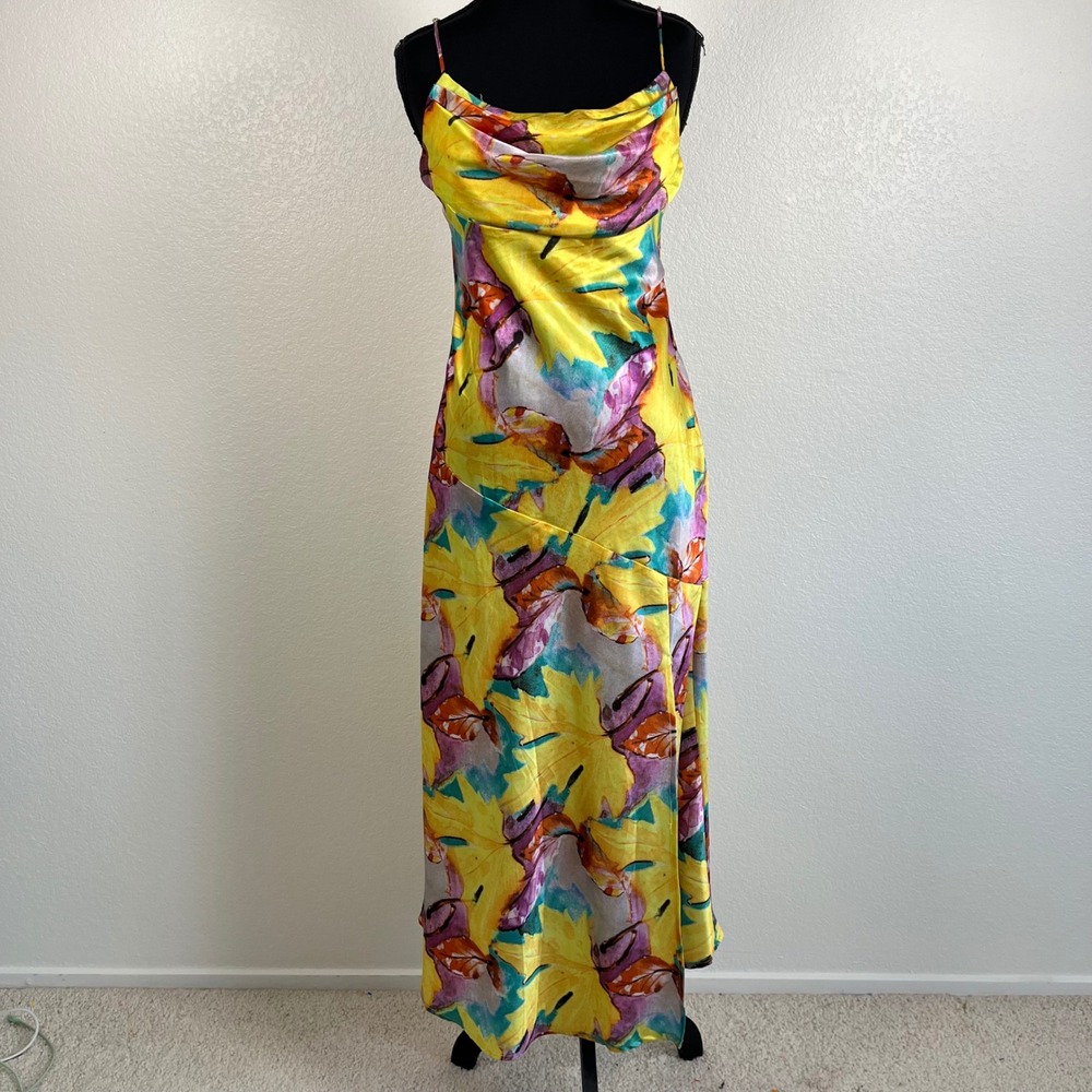 One and Only Collective Y2K Yellow Floral/Leaf‎ Print Cowl Neck Satin Midi Sz L - Picture 3 of 12